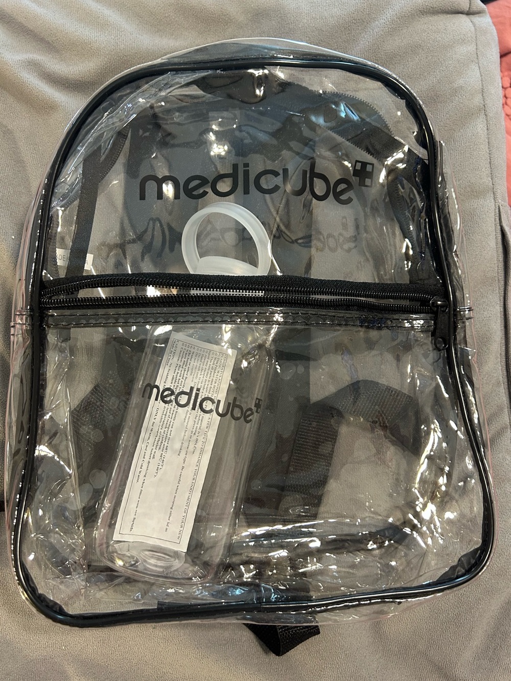 Medicube Clear Festival Backpack with Black Trim Backpack and Water Bottle